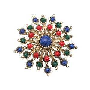 Vintage Sarah Coventry Carnival Brooch Starburst Red Blue Green Cabochons 2.5”